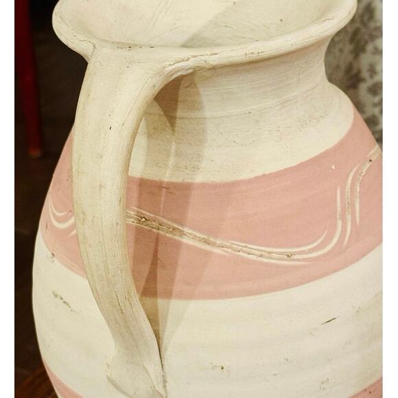 Vintage Handmade Pottery Pitcher Signed  Ceramic Jug Pink White - Picture 4 of 5